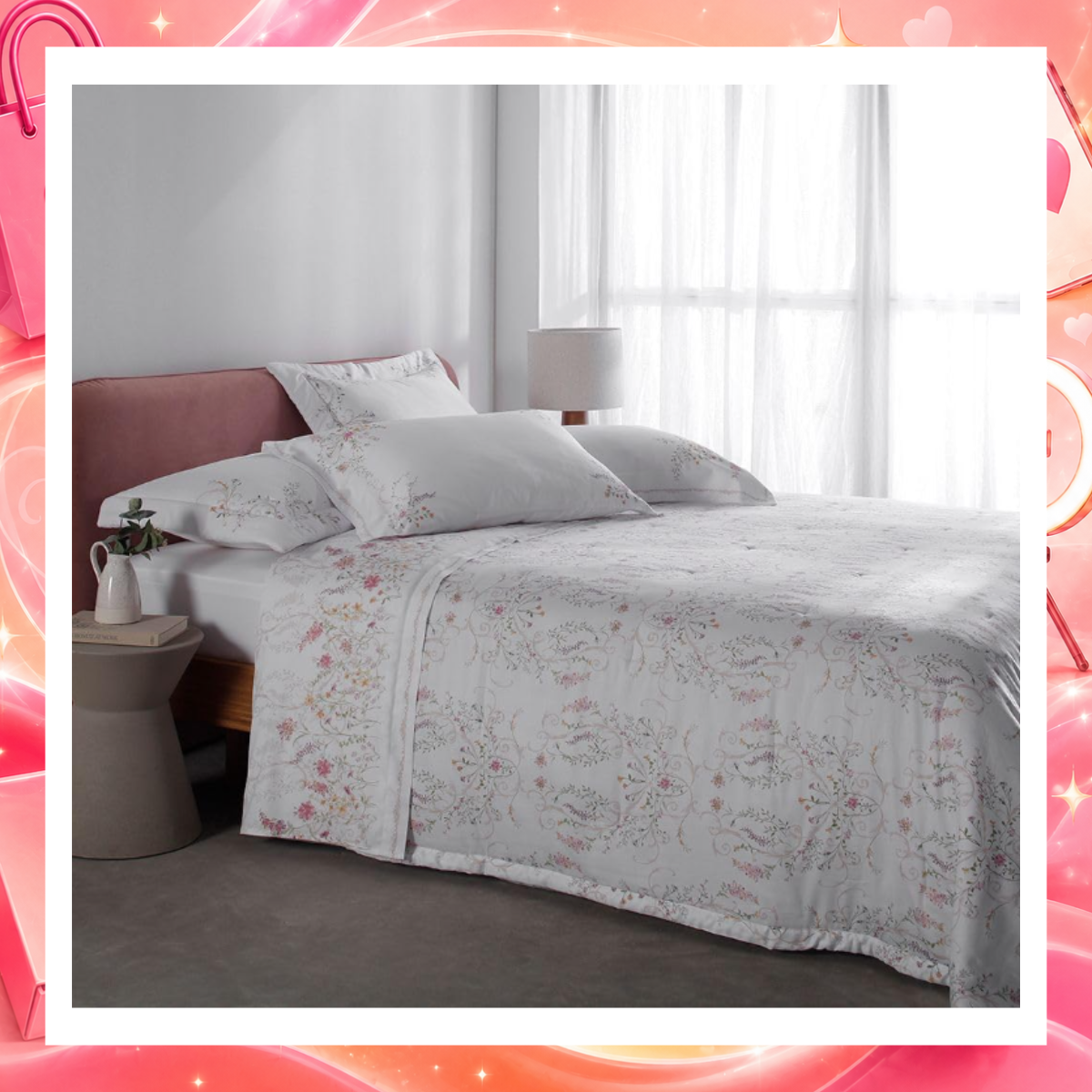 Buddemeyer Kit Colcha Queen Cetim 270 Fios Vision Giovanella 100% Algodão Penteado Estampado 3 peças
