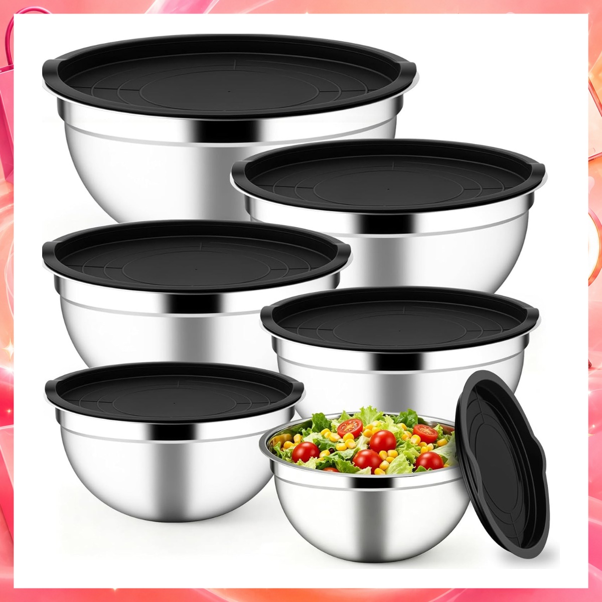 Conjunto de 5 Bowls Tigelas de Inox com Tampa Plástica Hermética – Saladeira, Bacia Inox para Preparar Alimentos, Marinar Carnes, Armazenar e Conservar, Empilhável, Fácil de Limpar, Grau Ali