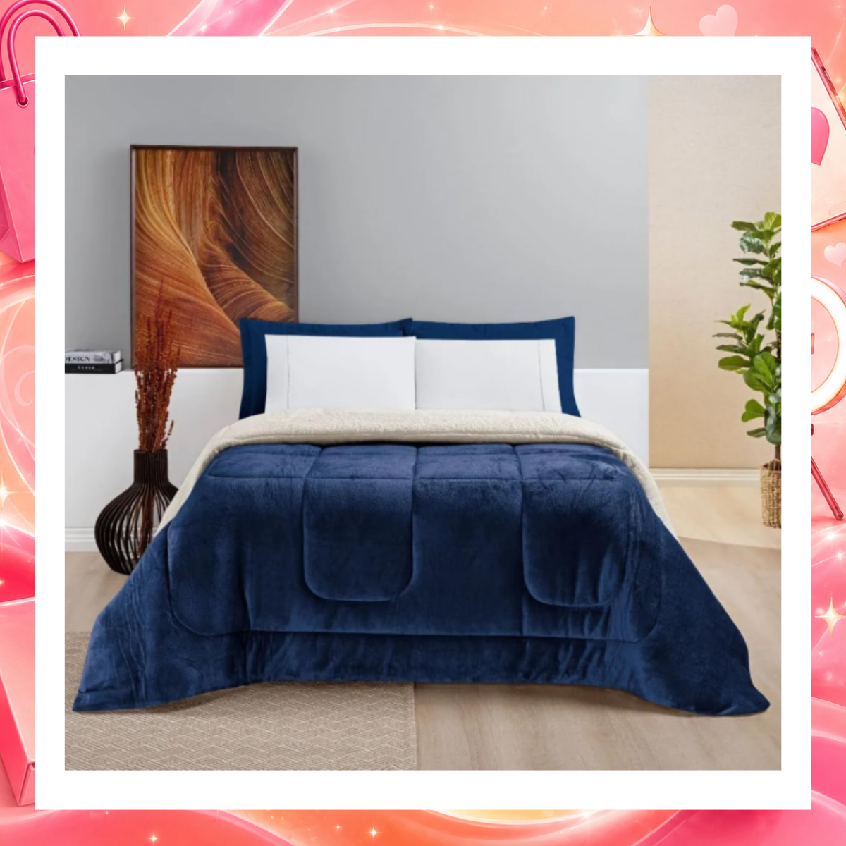 Edredom Cobertor Grosso Coberdrom Sherpa Pele Carneiro Peludo Casal Queen 2,20 x 2,40m (Azul Marinho)