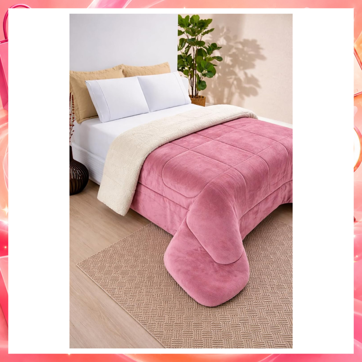 Edredom Cobertor Grosso Coberdrom Sherpa Pele Carneiro Peludo Casal Queen 2,20 x 2,40m (Rose)