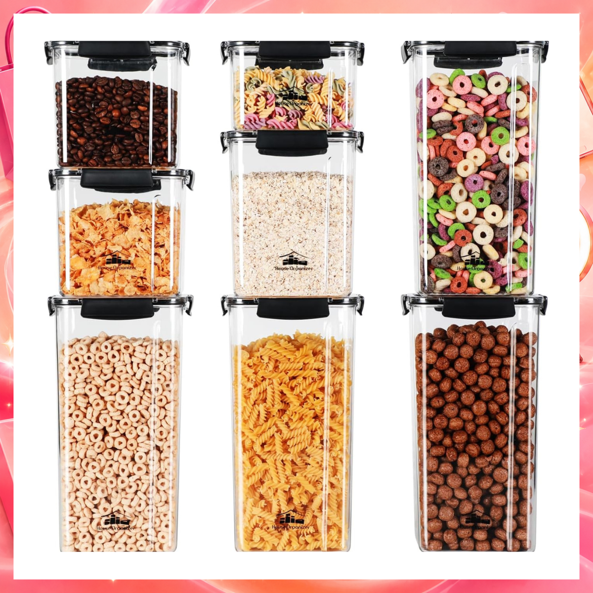 House Organizer - Kit com 8 Potes Herméticos com Trava de Segurança, Porta Mantimentos Retangular Empilháveis Super Resistente Exclusivo, à Prova de Vazamento
