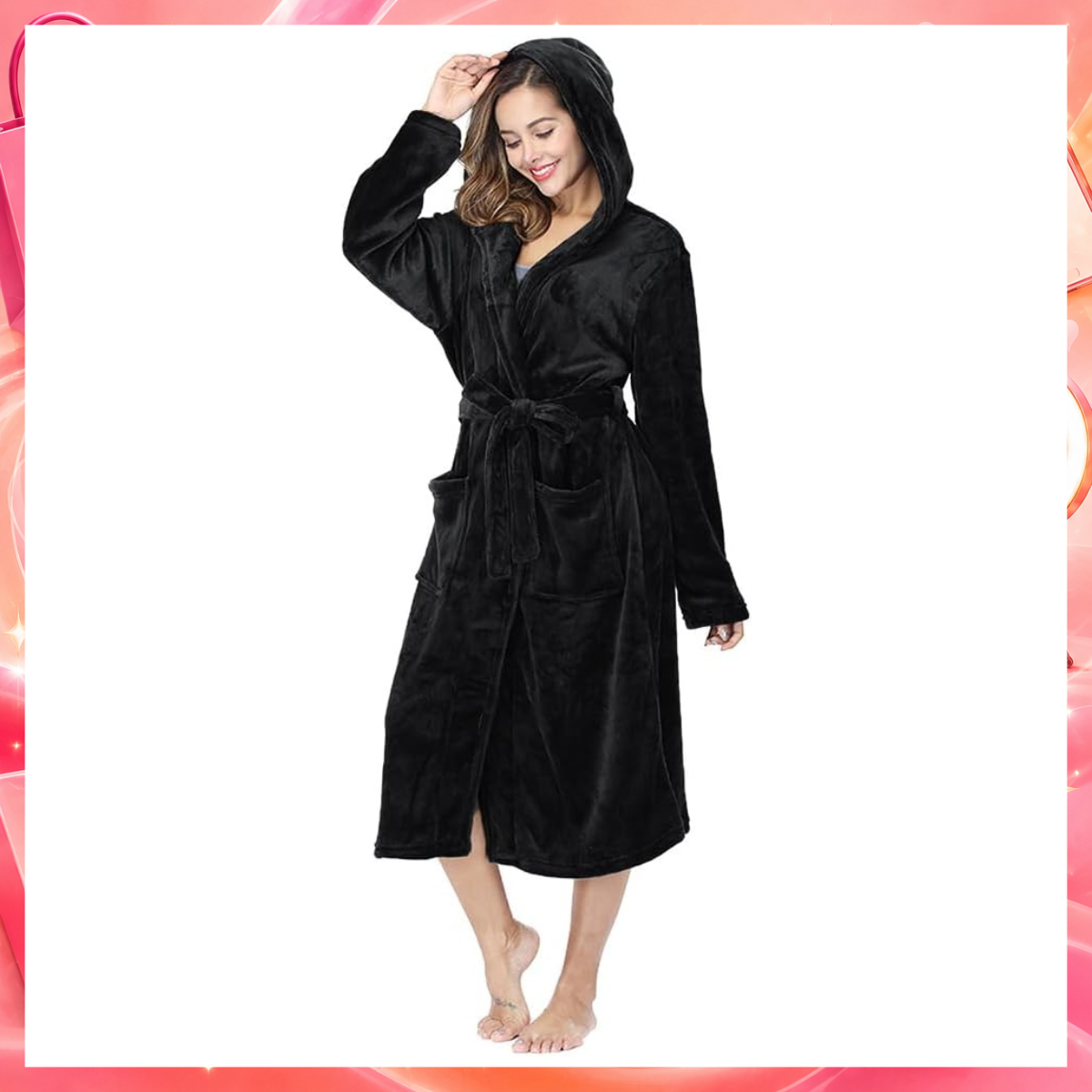 RONGTAI Roupão feminino de pelúcia de lã com capuz, camisola grossa com bolsos, roupa de dormir fofa, Preto, G
