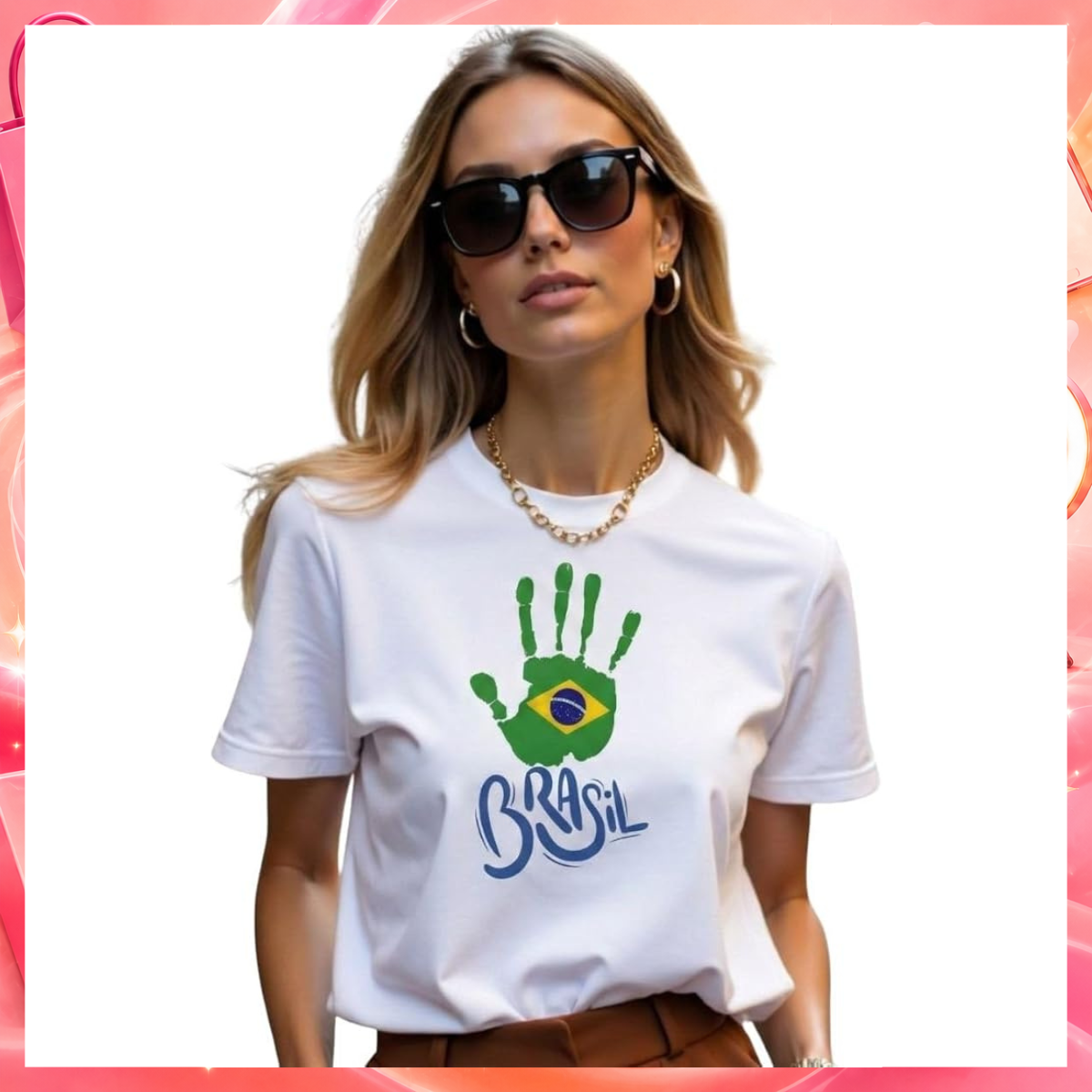 Camiseta Feminina GuGi Brasil Mão Copa 100% Algodão Premium (Branco, M)